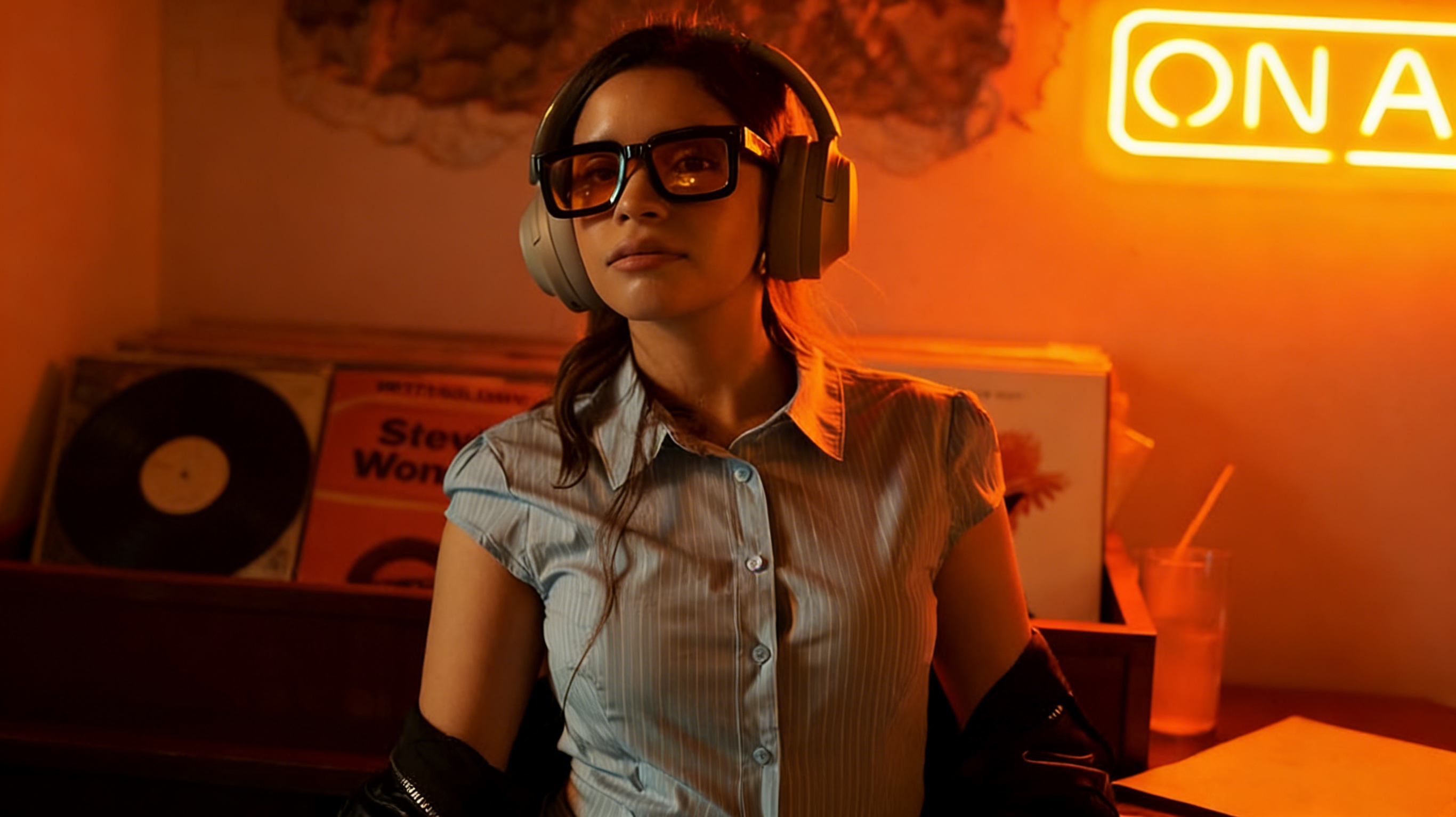 Frau mit Kopfhörern und Brille in orangem Licht, hinter ihr Schallplatten und „ON AIR“-Neonzeichen – Thema: Audio-Ruckeln lös