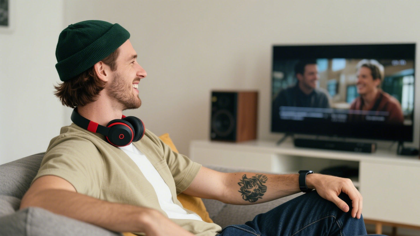 Mann mit kabellosen Kopfhörern am Hals, lächelnd vor Fernseher – Anleitung: Kopfhörer ohne Bluetooth an TV anschließen.