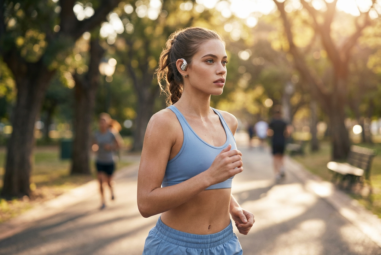Frau joggt im Park mit offenen Ohrhörern – ideal für sicheres Laufen mit Umgebungsgeräuschen.