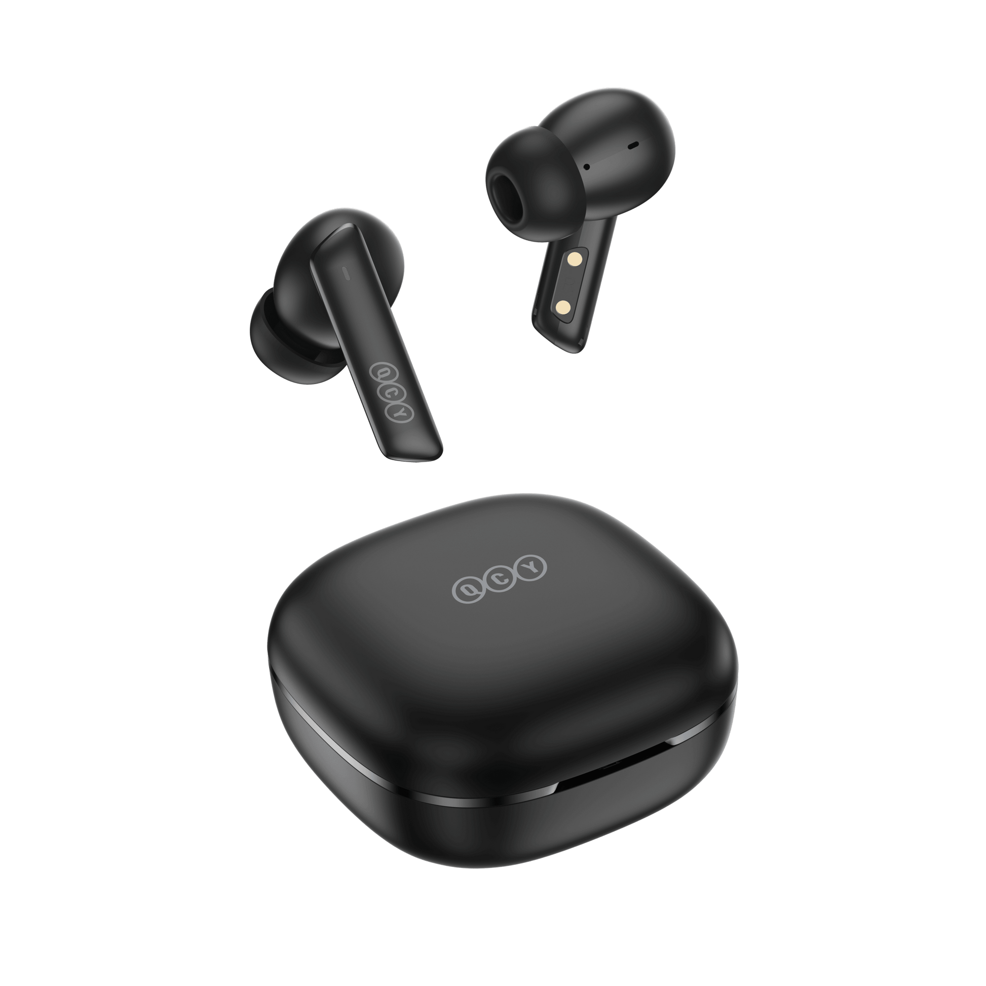 Black QCY MeloBuds ANC earbuds with charging case, sleek design on white background.