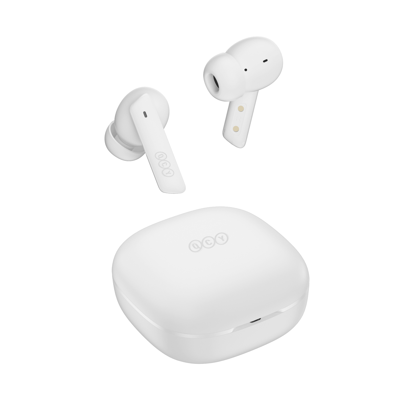 White QCY MeloBuds ANC earbuds with charging case, sleek design on white background.