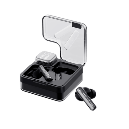 Black QCY MeloBuds Neo earbuds in open clear case with display, "Hear Your Voice" text visible.