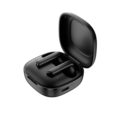 Black QCY MeloBuds ANC earbuds in open charging case, sleek design on white background.
