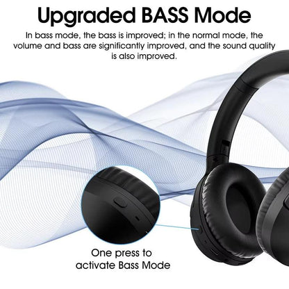 Black QCY H2 Pro headphones highlighting upgraded Bass Mode, showing button to activate bass and improved sound quality