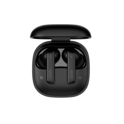 Black QCY MeloBuds ANC earbuds in open charging case, top view, sleek design on white background.