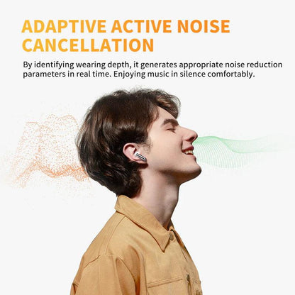 White QCY AilyBuds Pro+ with adaptive noise cancellation, shown with visual effects of noise reduction in orange and green.