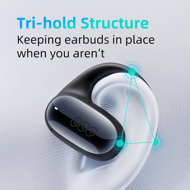 Black QCY Crossky GTR2 earbud showcasing tri-hold structure, designed to keep earbuds in place during use