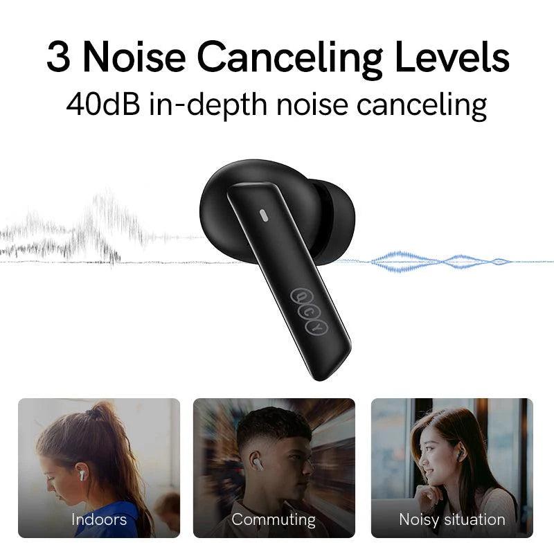 Black QCY MeloBuds ANC earbuds with 40dB noise canceling, featuring 3 levels for indoors, commuting, and noisy situations.