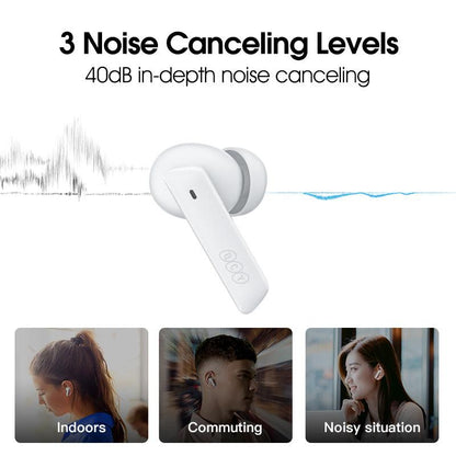 White QCY MeloBuds ANC earbuds with 40dB noise canceling, featuring 3 levels for indoors, commuting, and noisy situations.