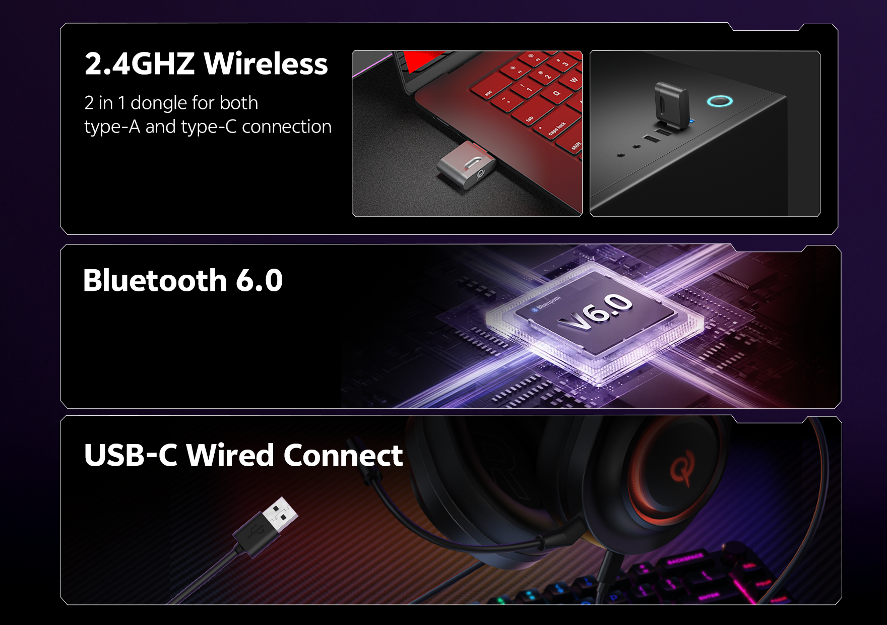 QCY HT05 Kopfhörer: 2.4GHz Wireless, Bluetooth 6.0 & USB-C Kabelverbindung für Gaming