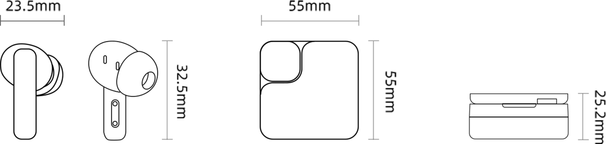 Maßzeichnungen der kabellosen Kopfhörer und des Ladecases mit Abmessungen in Millimetern.