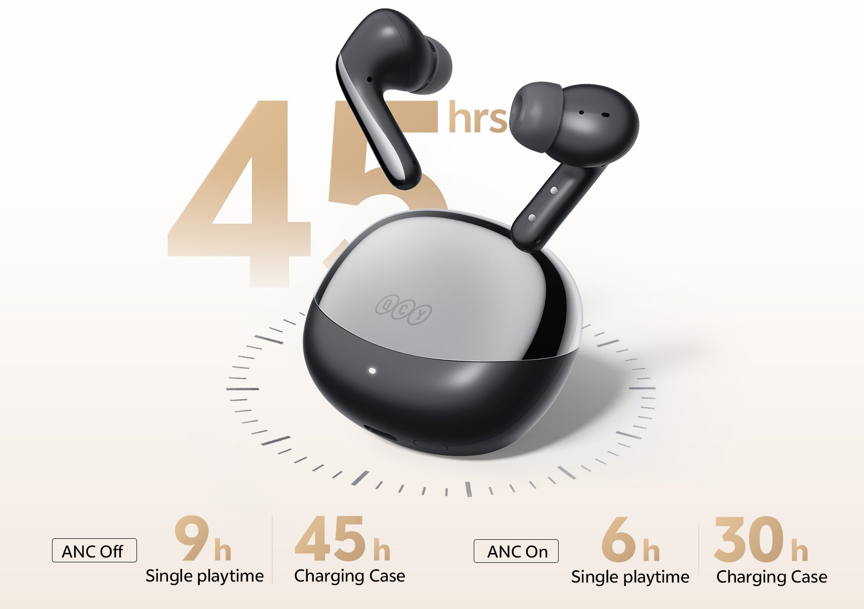 QCY kabellose Kopfhörer mit ANC: 9h Akkulaufzeit, 45h mit Ladecase. Schwarz, ergonomisch, für Musik & Calls.