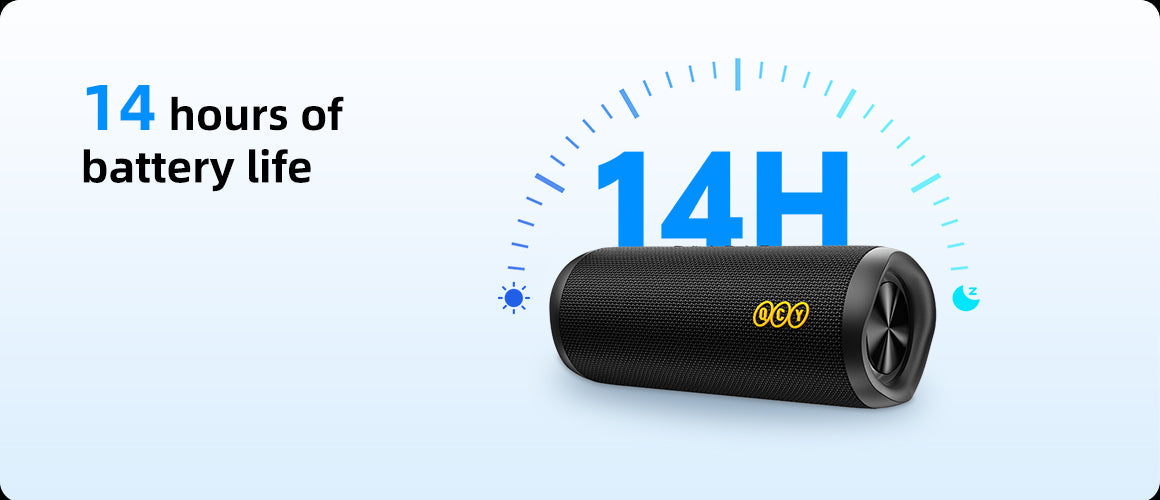 QCY Bluetooth-Lautsprecher mit 14 Stunden Akkulaufzeit. Schwarz, kompakt, ideal für unterwegs.