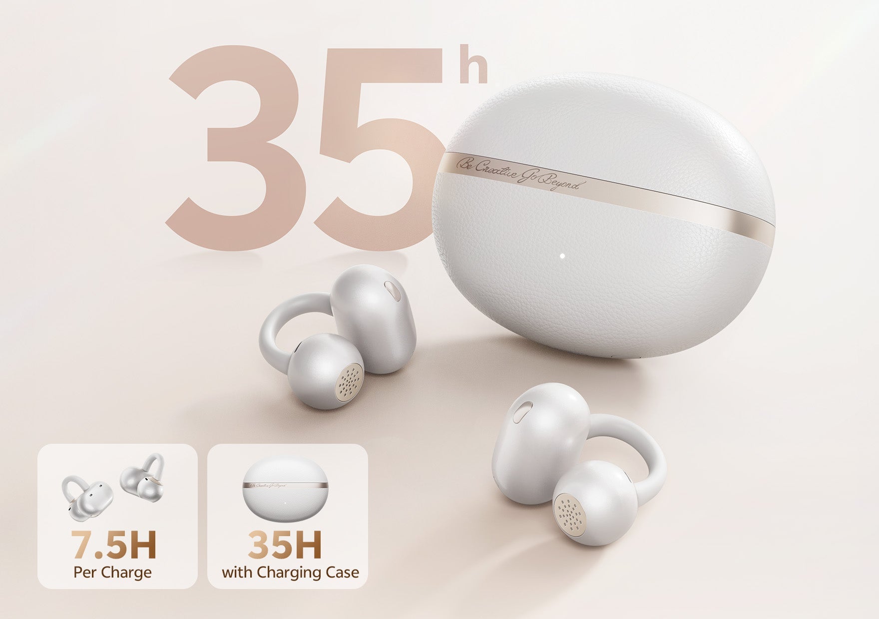 Weiße kabellose Ohrhörer mit Ladecase – 35 Stunden Akkulaufzeit, ergonomisches Design.
