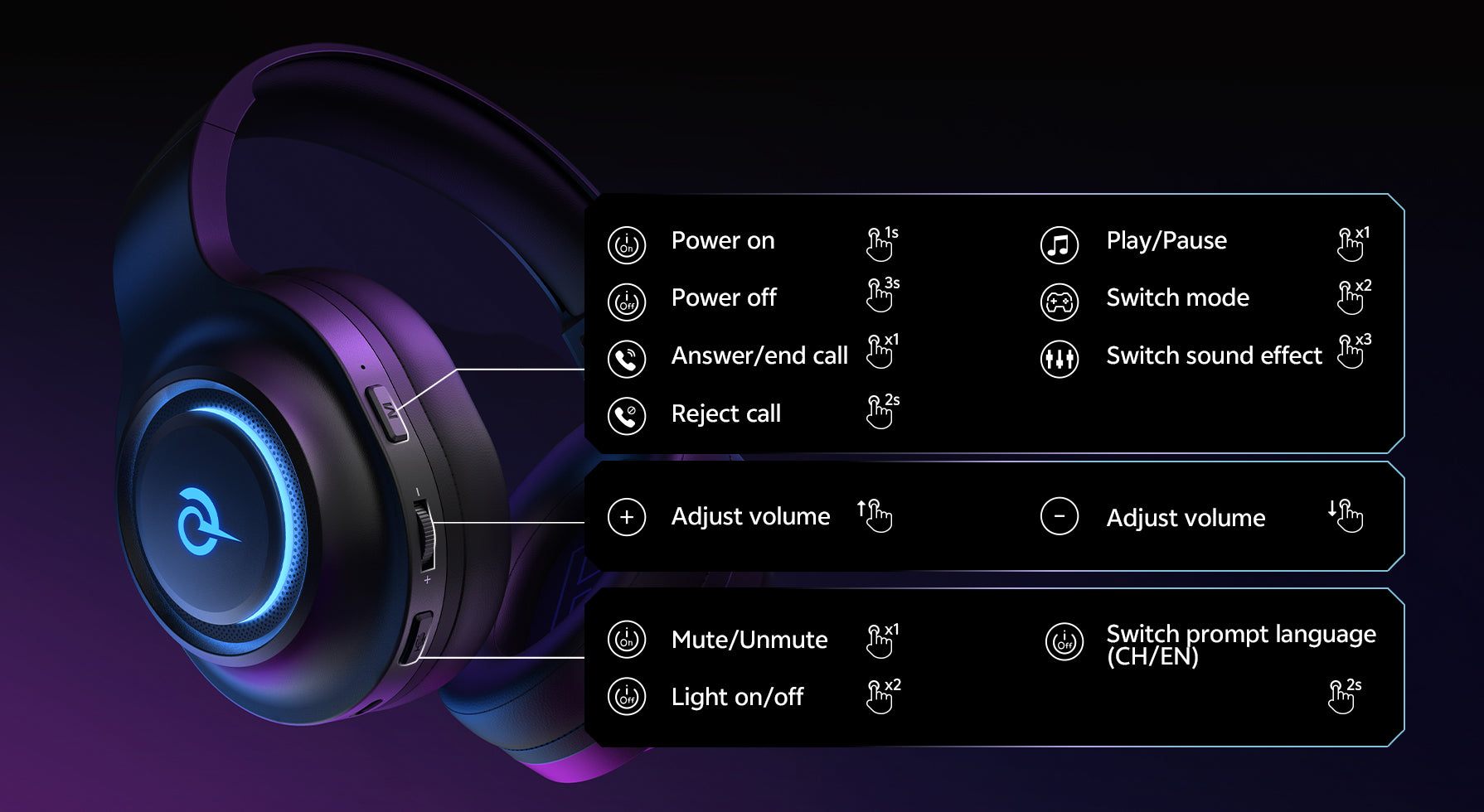 Kopfhörer mit Touch-Steuerung, Bluetooth und LED-Licht.
