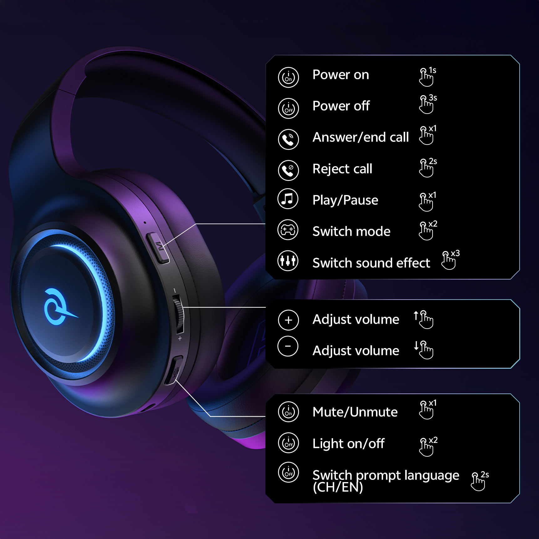 Gaming-Kopfhörer mit RGB-Beleuchtung, Touch-Control und Sprachauswahl.