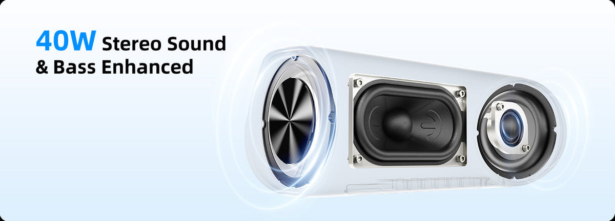 40W Stereo-Lautsprecher mit Bass-Verstärkung.