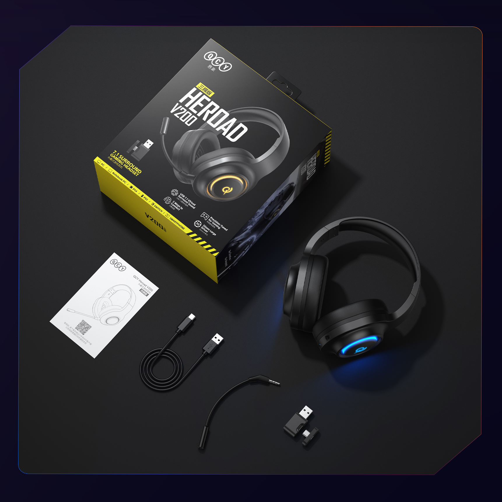 QCY V200 Gaming-Kopfhörer mit 7.1 Surround-Sound, blauem LED-Licht und USB-Anschluss.