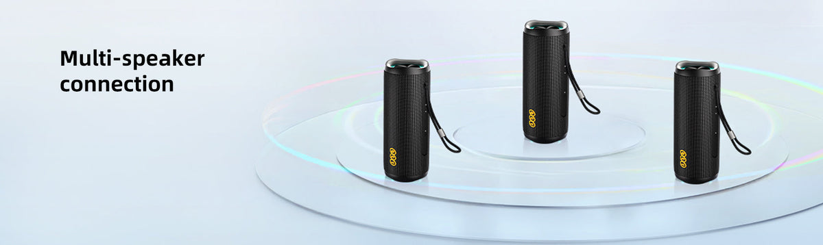 Drei tragbare Bluetooth-Lautsprecher mit Multi-Speaker-Verbindung für kraftvolles, umfassendes Sound-Erlebnis.