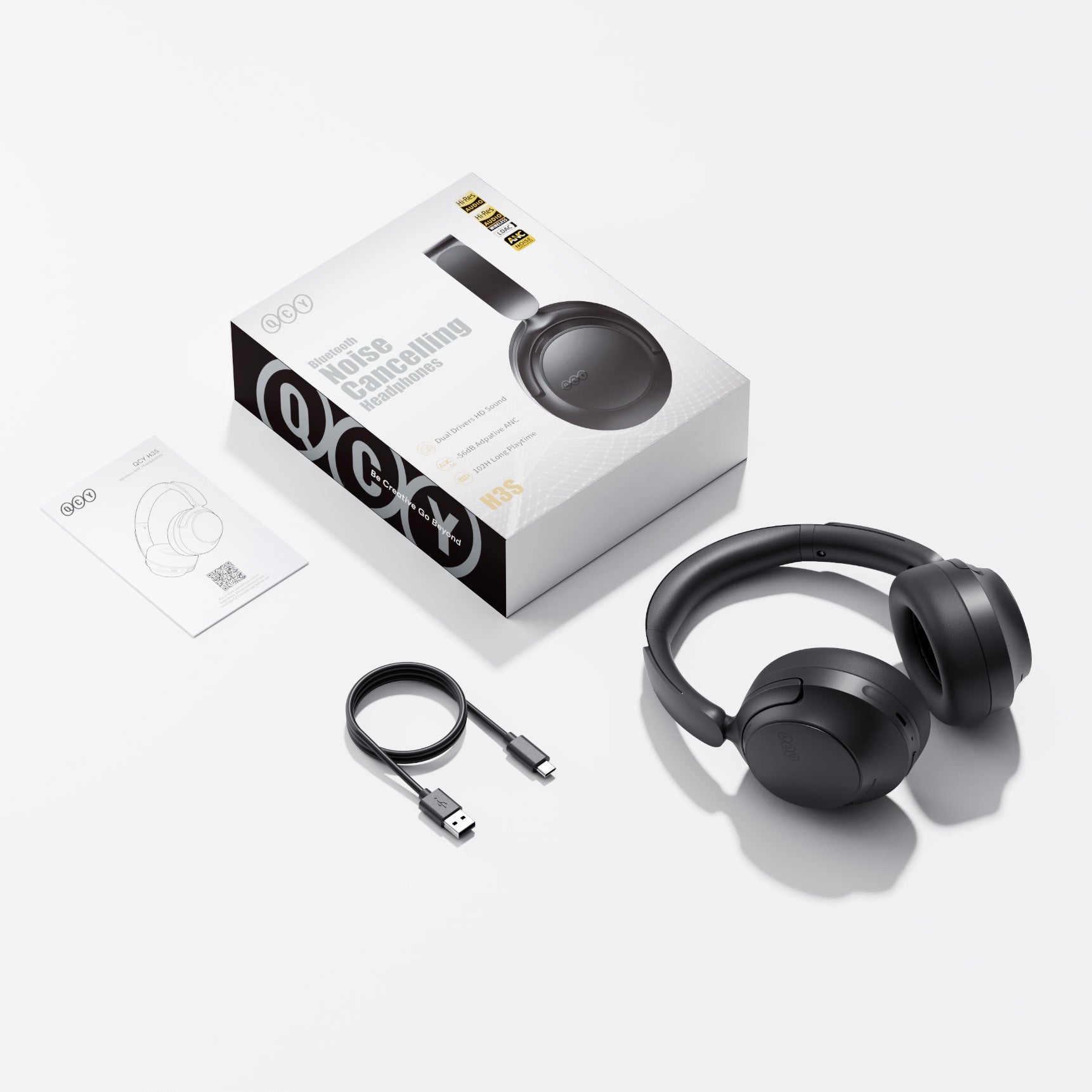 QCY H3S Bluetooth Noise Cancelling Kopfhörer schwarz mit USB-C Ladekabel und Anleitung.