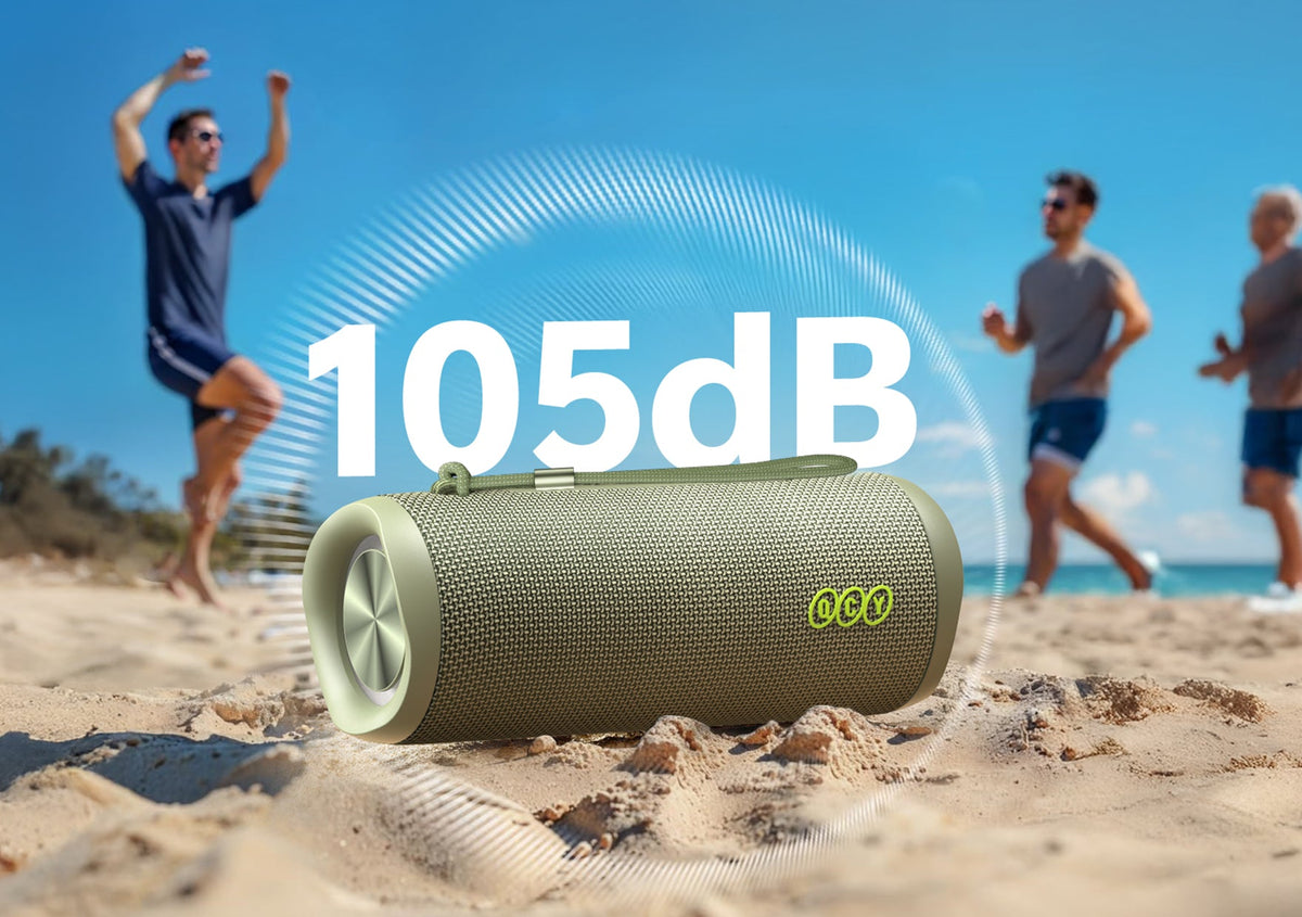 Ocy Bluetooth-Lautsprecher 105dB im Sand, Strandparty mit Freunden, robustes Design für Outdoor-Verwendung