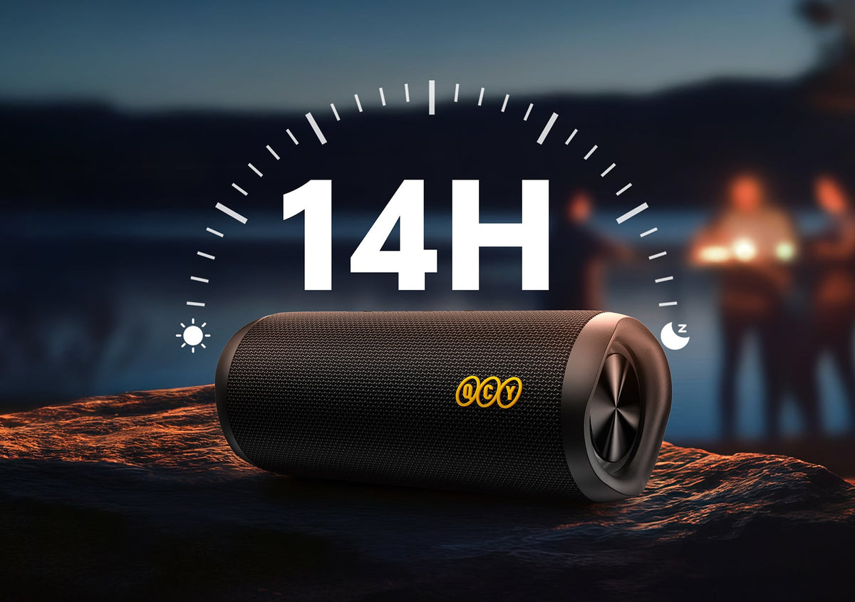 QCY tragbarer Bluetooth-Lautsprecher mit 14 Stunden Akkulaufzeit, schwarz, für Outdoor-Nutzung.