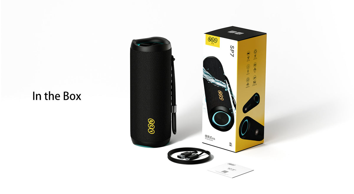 SP7 tragbarer Bluetooth-Lautsprecher mit Wasserfestigkeit, USB-Kabel und Verpackung.