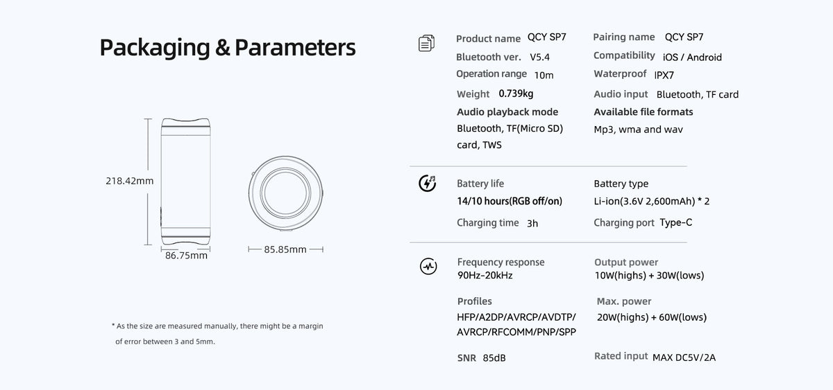 QCY SP7 Bluetooth-Lautsprecher: Technische Daten & Abmessungen. Wasserdicht IPX7, 40W Leistung, 14h Akkulaufzeit, Type-C.