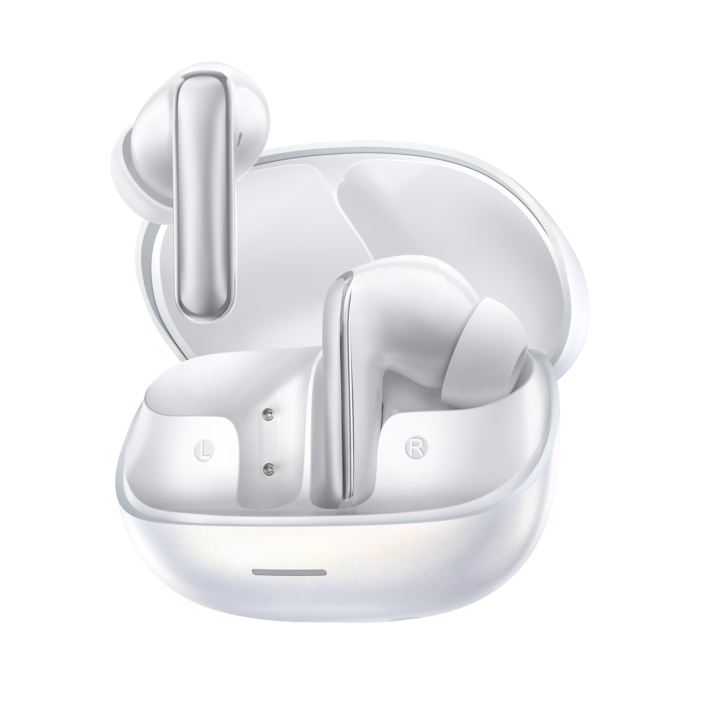 MeloBuds N65 – weiße True-Wireless-Ohrhörer mit Ladebox.