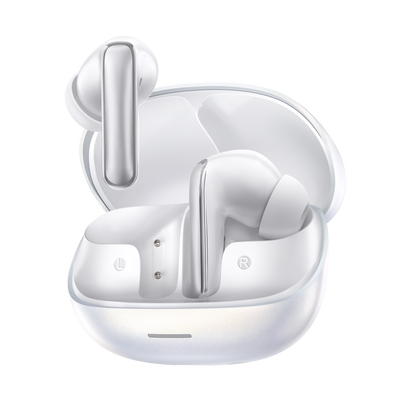 MeloBuds N65 – weiße True-Wireless-Ohrhörer mit Ladebox.