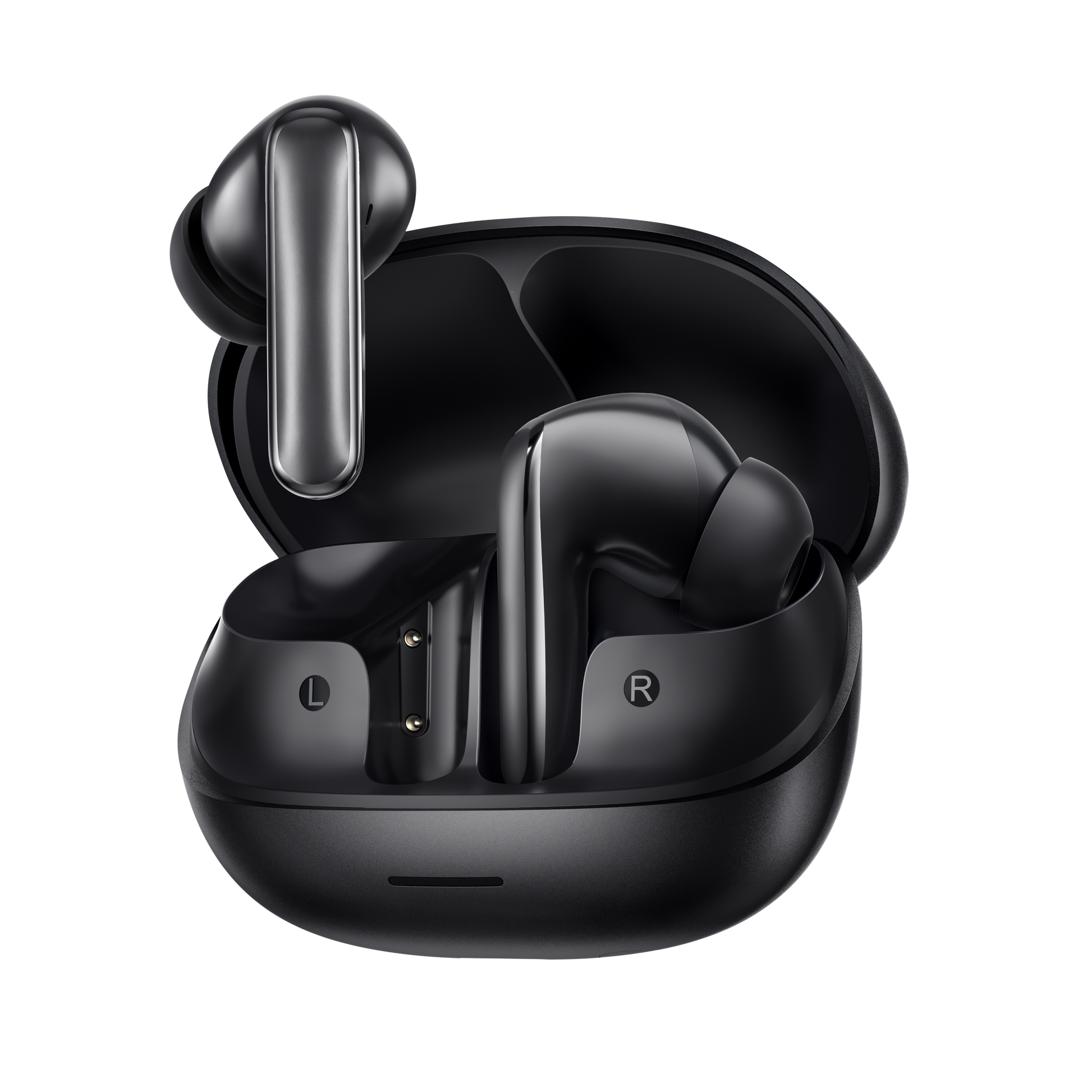 MeloBuds N65 – schwarze True-Wireless-Ohrhörer mit Ladecase, L/R-Kennzeichnung.