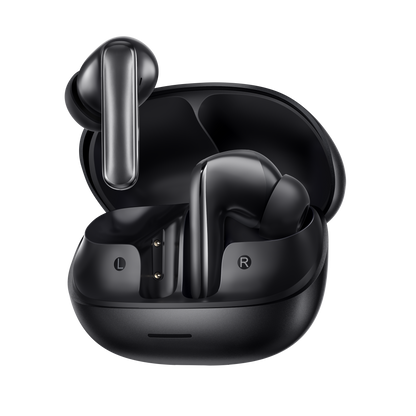 MeloBuds N65 – schwarze True-Wireless-Ohrhörer mit Ladecase, L/R-Kennzeichnung.