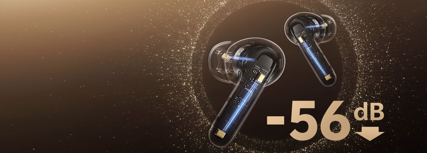Premium In-Ear-Kopfhörer mit -56 dB Geräuschunterdrückung, transparentes Design und blauem LED-Licht.