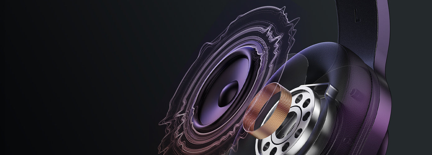 Lila Over-Ear-Kopfhörer mit sichtbarem Lautsprechertreiber und Wellenlinien für Audioqualität.