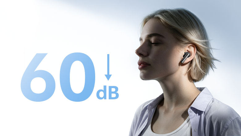 Frau mit Bluetooth-Kopfhörern, 60 dB Geräuschunterdrückung.