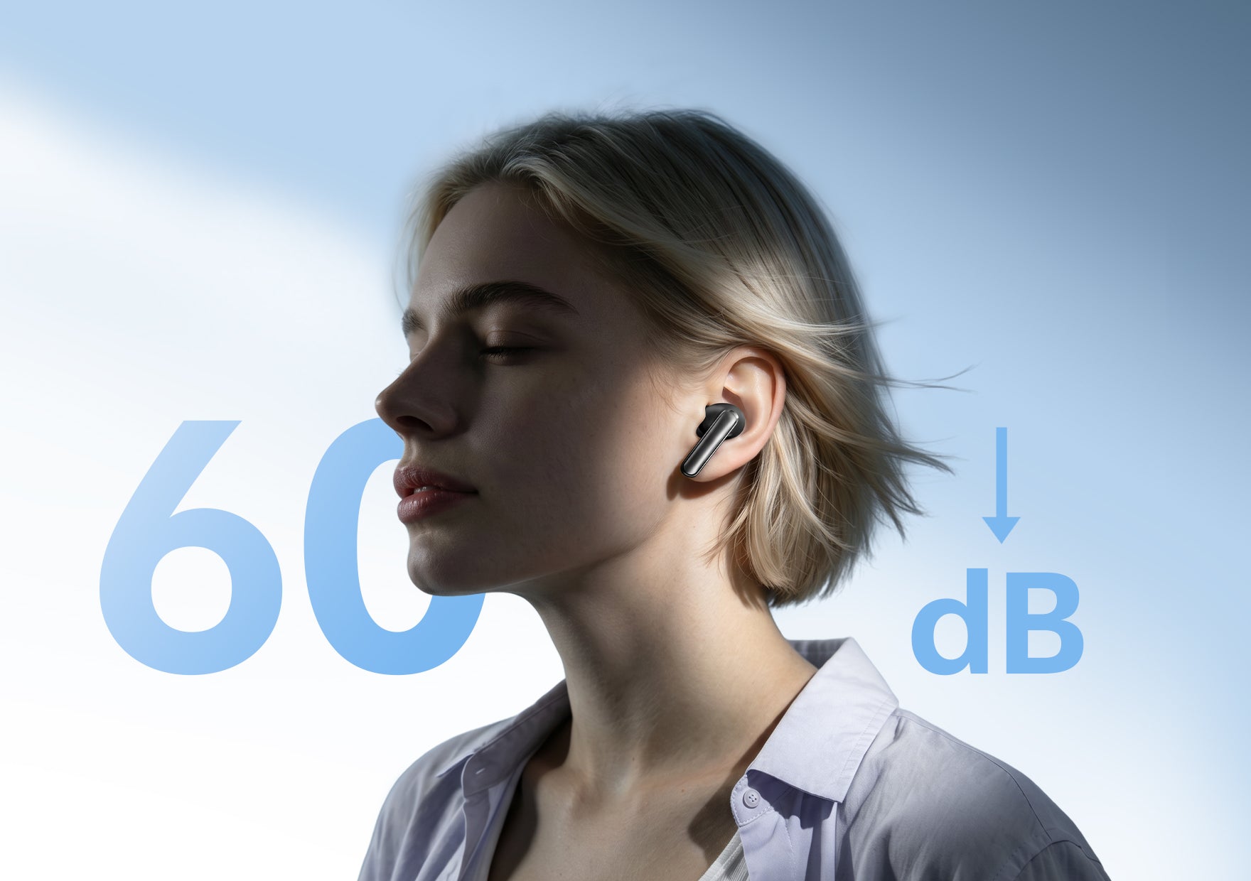 Frau mit Bluetooth-Kopfhörern, 60 dB Geräuschunterdrückung.
