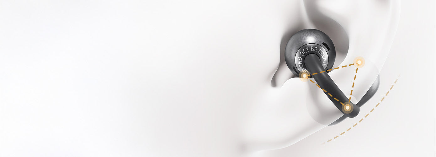Schwarze In-Ear-Kopfhörer mit Sound-Wellen-Diagramm im Ohr.