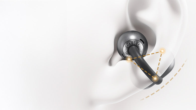 Kabellose Kopfhörer mit ergonomischem Design für sicheren Halt im Ohr, ideal für Sport und Alltag.