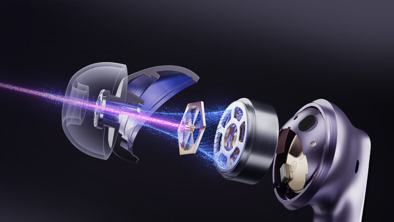 Innere Struktur von AirPods Pro mit sichtbaren Komponenten und Lichteffekten.