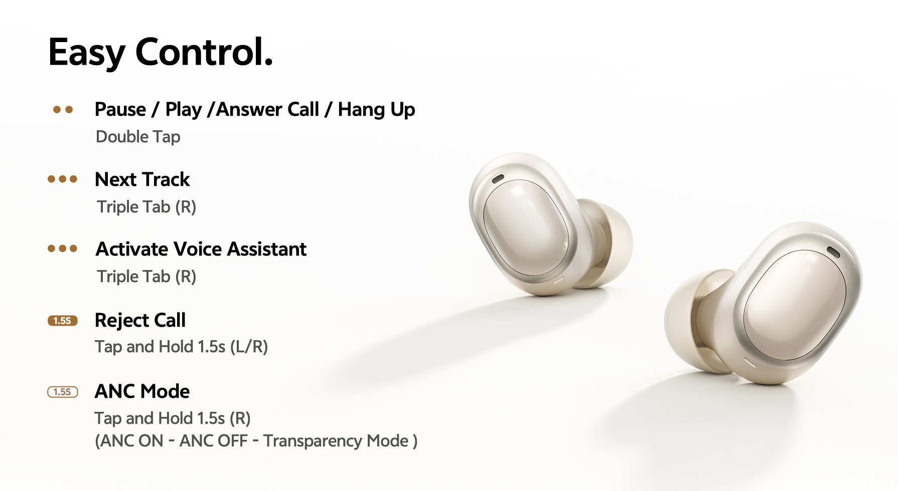 Silberne True Wireless Kopfhörer mit Touch-Steuerung: Pause, Wiedergabe, Anruf, Sprachassistent, ANC und Transparenzmodus.