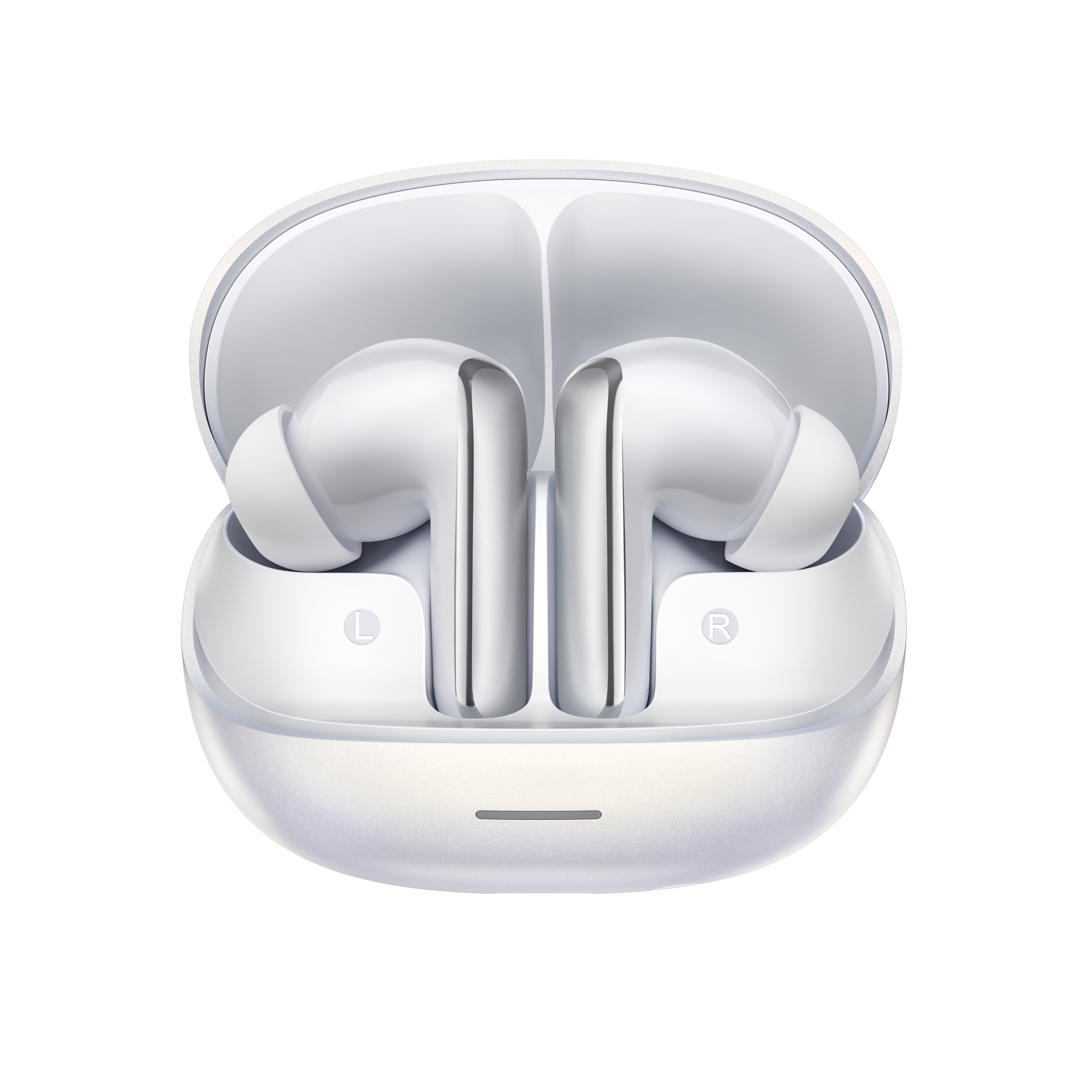 MeloBuds N65 – weiße True-Wireless-Ohrhörer mit Ladebox, markiert mit L und R.
