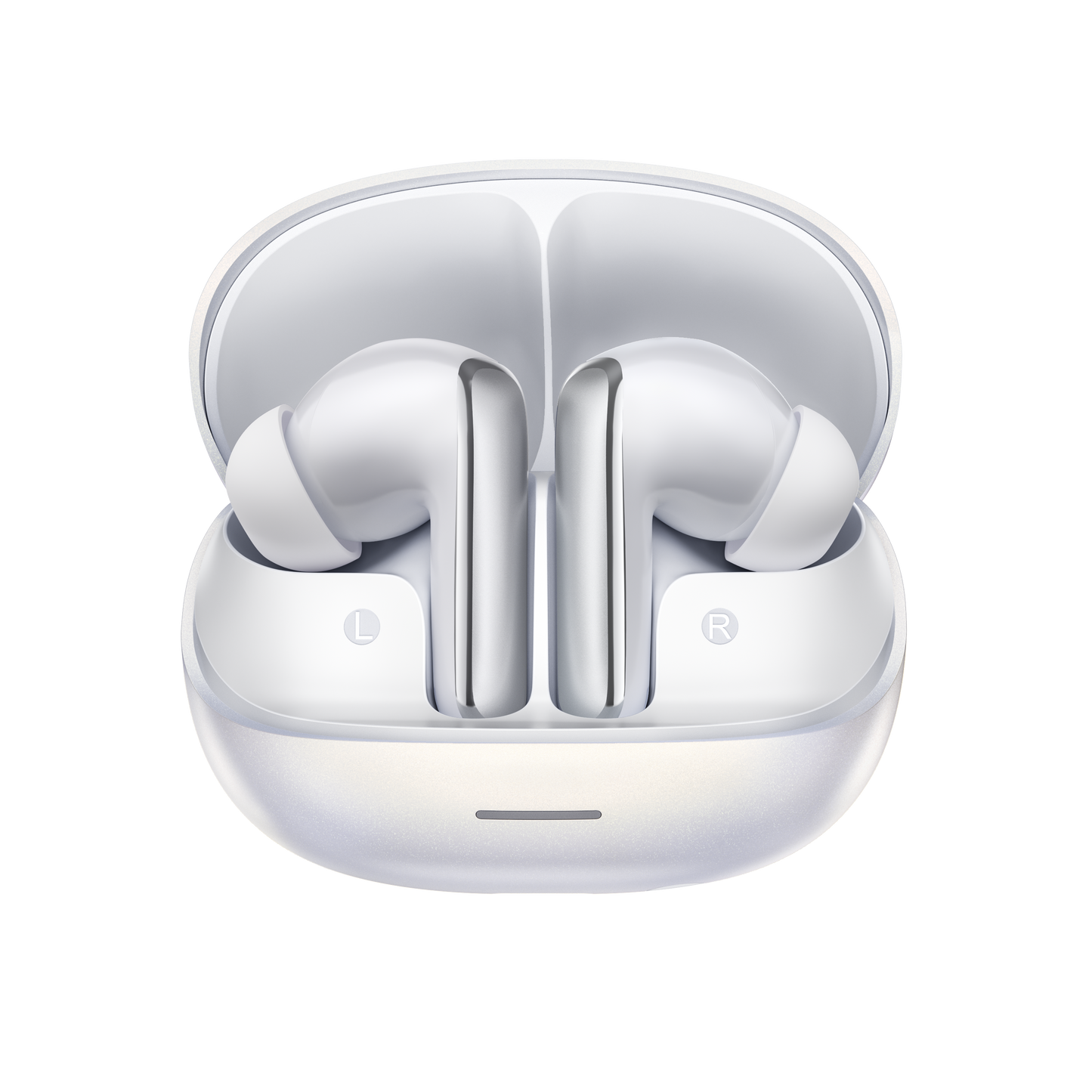 MeloBuds N65 – weiße True-Wireless-Ohrhörer mit Ladebox, markiert mit L und R.