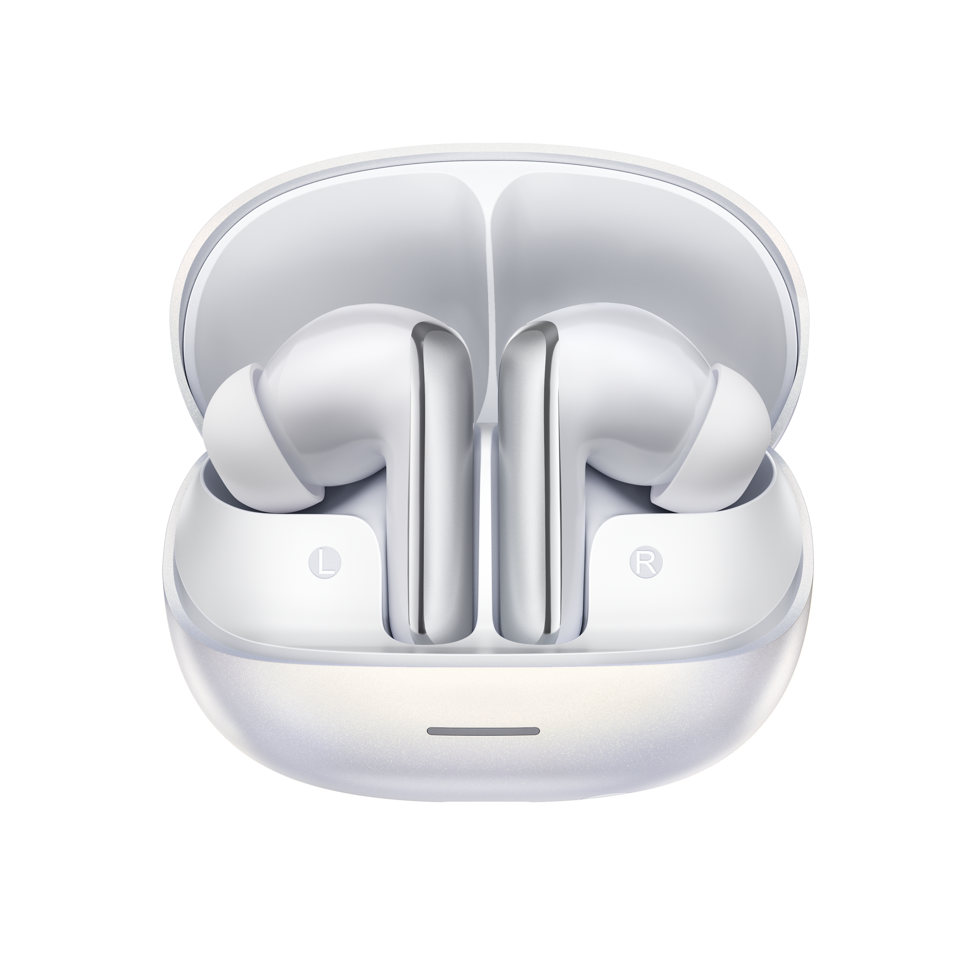 MeloBuds N65 – weiße True-Wireless-Ohrhörer mit Ladebox, markiert mit L und R.