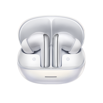 MeloBuds N65 – weiße True-Wireless-Ohrhörer mit Ladebox, markiert mit L und R.