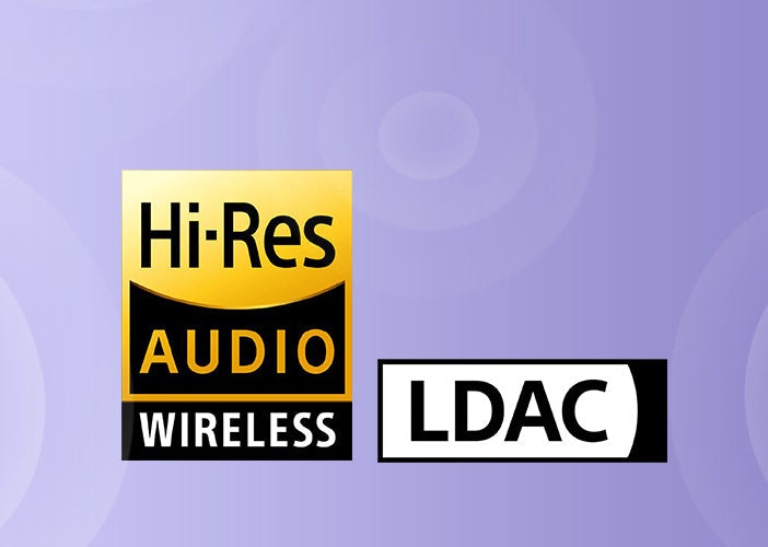 Hi-Res Audio Wireless und LDAC Logo auf lila Hintergrund