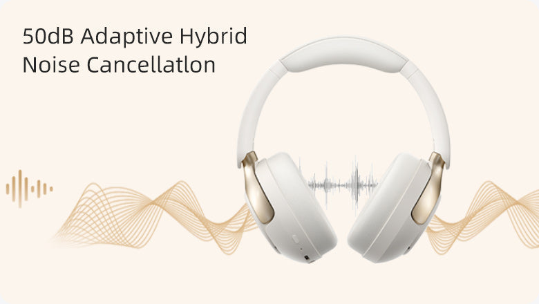 Weiße Over-Ear-Kopfhörer mit 50dB adaptiver Hybrid-Geräuschunterdrückung und Wellenanimation.