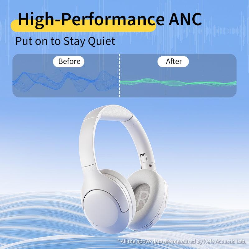 White QCY H3 Lite headphones with high-performance ANC, showing before and after noise reduction on blue background.