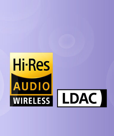 Hi-Res Audio Wireless und LDAC Logo auf lila Hintergrund.