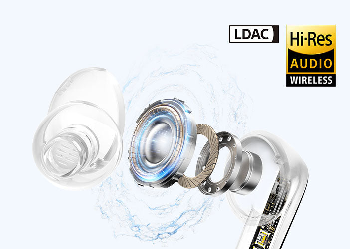 LDAC Hi-Res Wireless In-Ear Kopfhörer mit transparentem Design und blauem Lichteffekt.