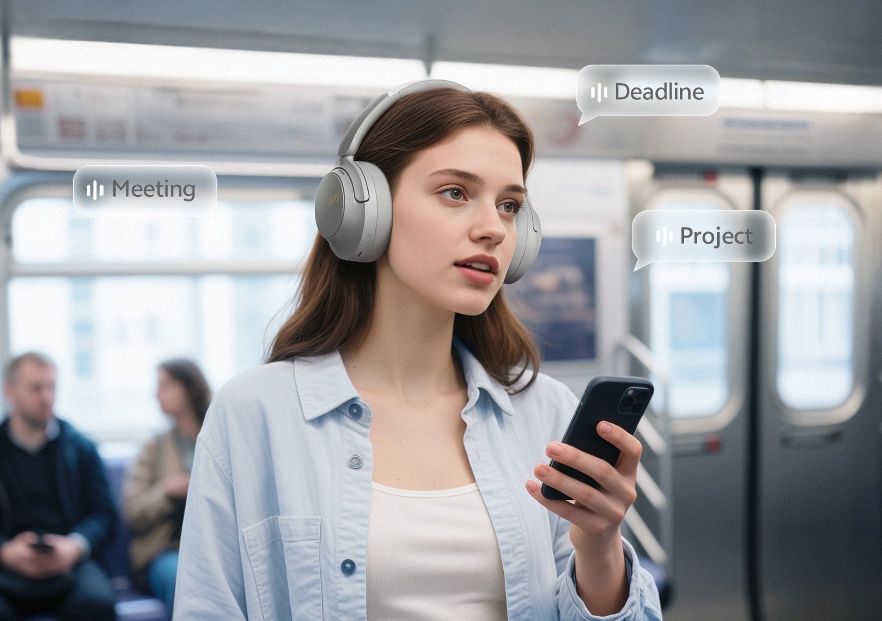 Frau mit Kopfhörern in der U-Bahn, umgeben von Benachrichtigungen wie Meeting, Deadline und Projekt.